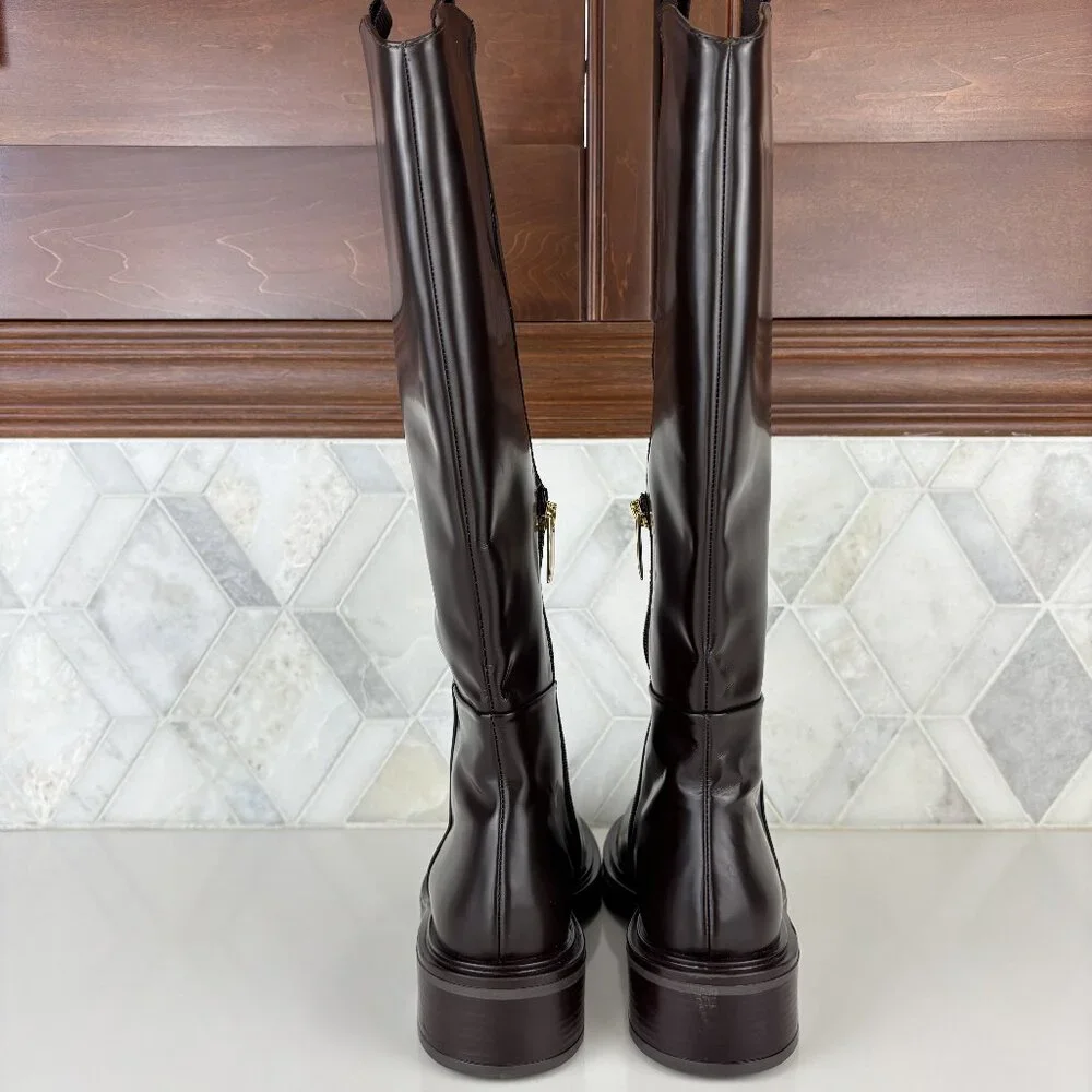 39/9 Dark Brown Walnut Round Toe Block Heel Wide Sole Knee High Pull On Zip Boot - Picture 13 of 16